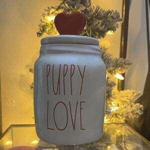 Rae Dunn White Ceramic "PUPPY LOVE" Jar with Red Heart Lid